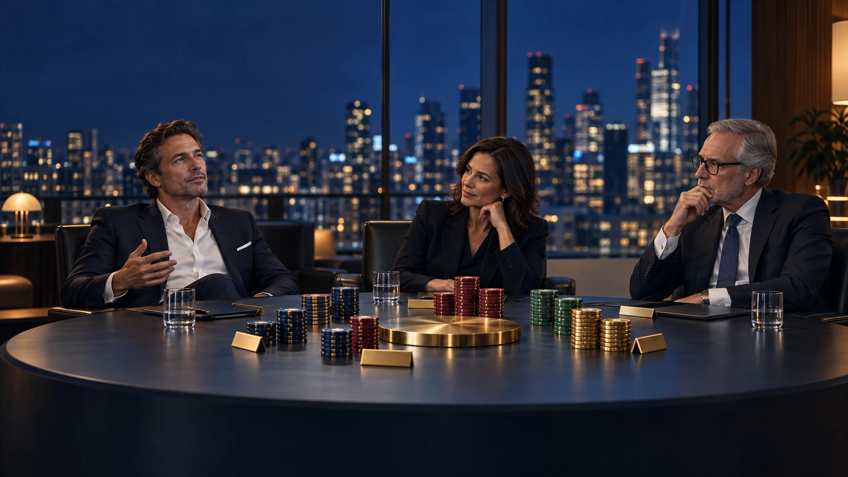 Three people at a round boardroom table at night, a city skyline behind them: a man leaning back mid-sentence, a woman listening, an older man in glasses weighing something up. Between them, stacks of counters and small gold bars ringed around a brass disc at the centre of the table.